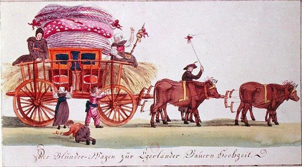 Transport av en äktenskapssäng efter bröllopet av bönder från Eger (numera Ched) i Böhmen (nuvarande Tjeckien) (akvarell på papper) av German School