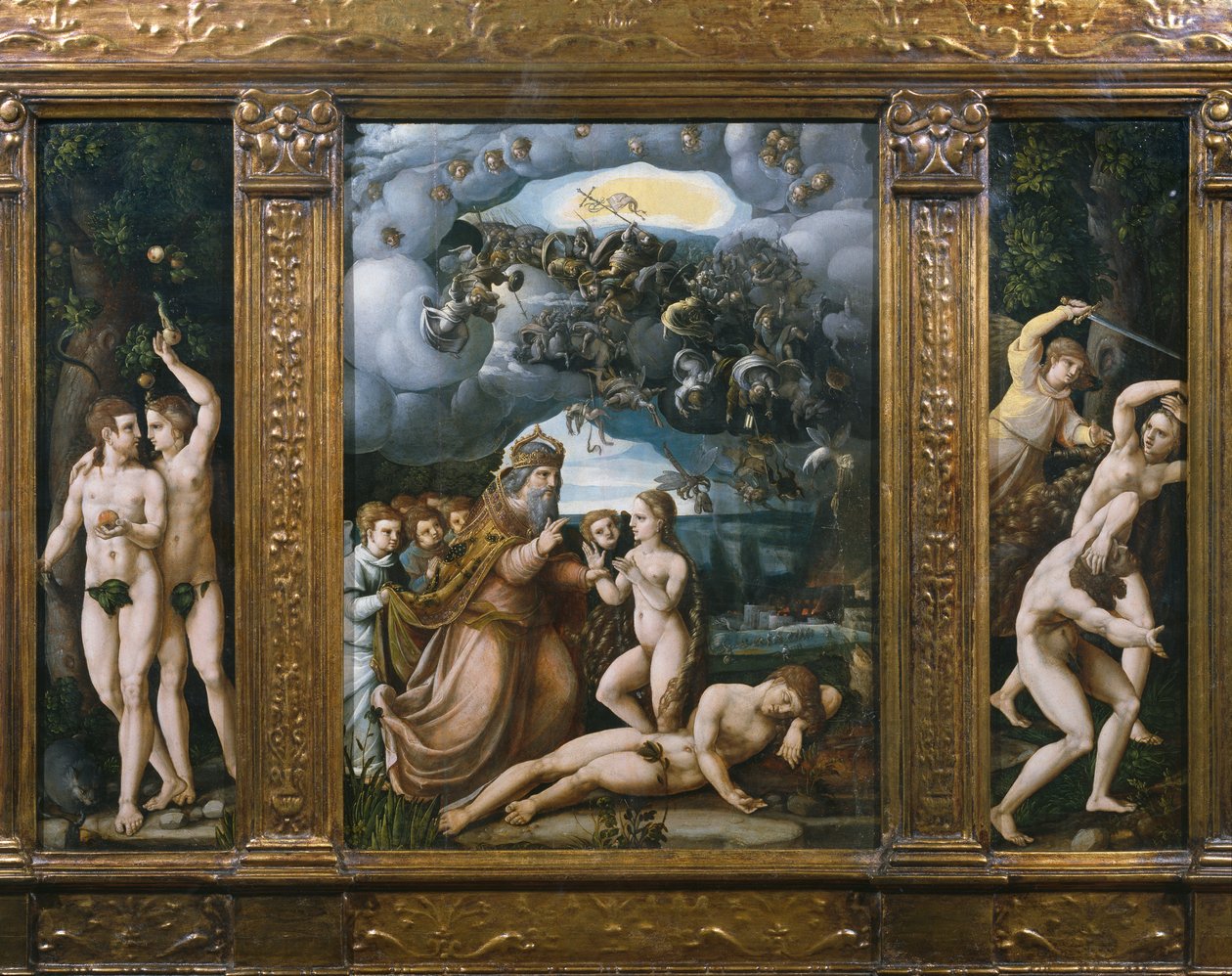 Skapelsens triptyk, Adam och Eva, Evas skapelse, utvisning från paradiset (se även 346195, 346197) av German School