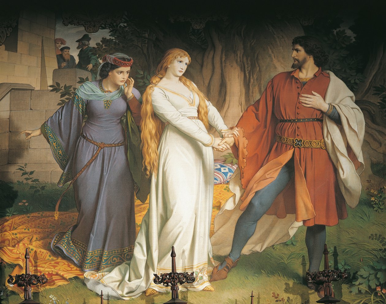 Tristan och Isolde träffas i hemlighet för sista gången, men deras möte förråds och kung Mark sårar Tristand med ett förgiftat spjut, Sovrum (väggmålning) av German School