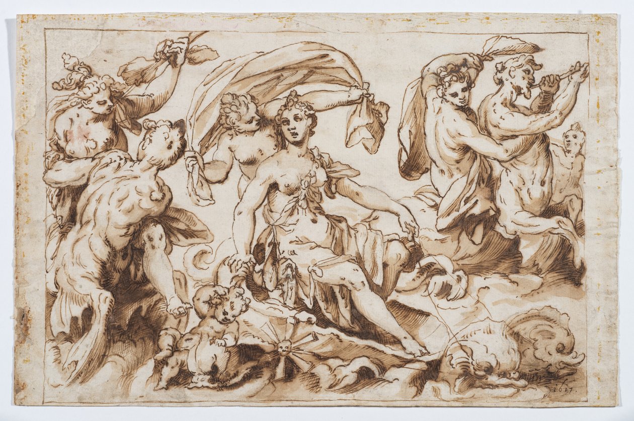 Galateas triumf, ca 1617 (svart krita, penna och brunt bläck samt brun lavering) av German School