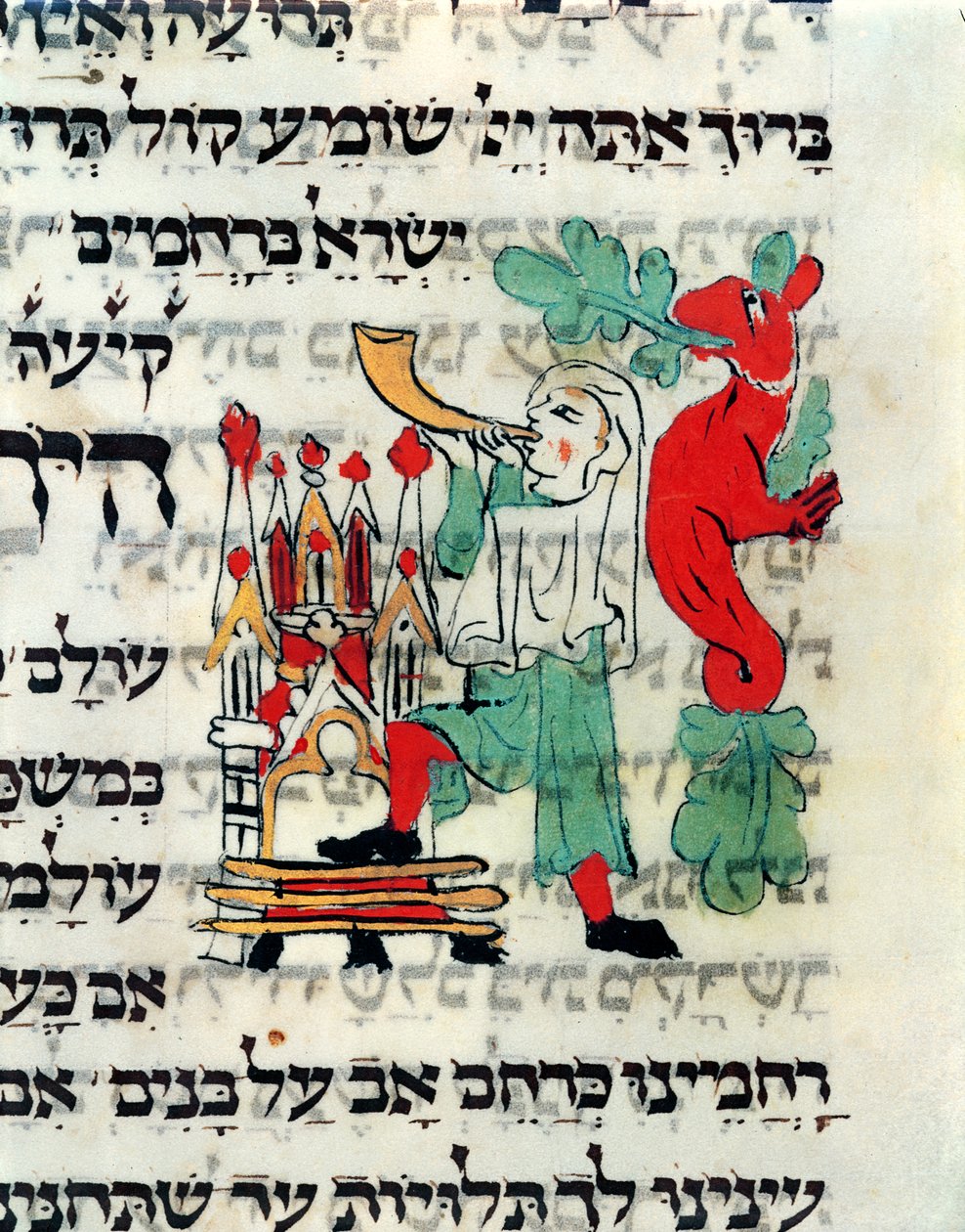 Trumpetare som blåser i Shofar vid tiden för Rosh Hashanah och Yom Kippur, manuskript enligt tysk rit, 1200-1300-talet av German School