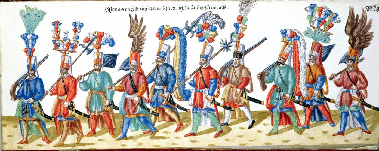 Turkiska janitsjarer, från en samling illustrationer som rör den osmanska sultanens hov, ca 1600 (wc på papper) av German School