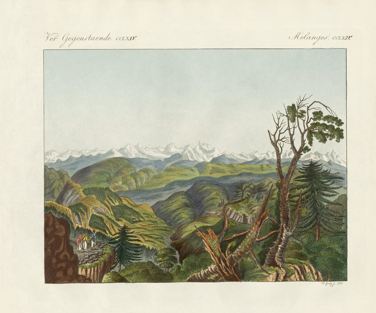 Två vyer av Himalaya (färgad gravyr) av German School