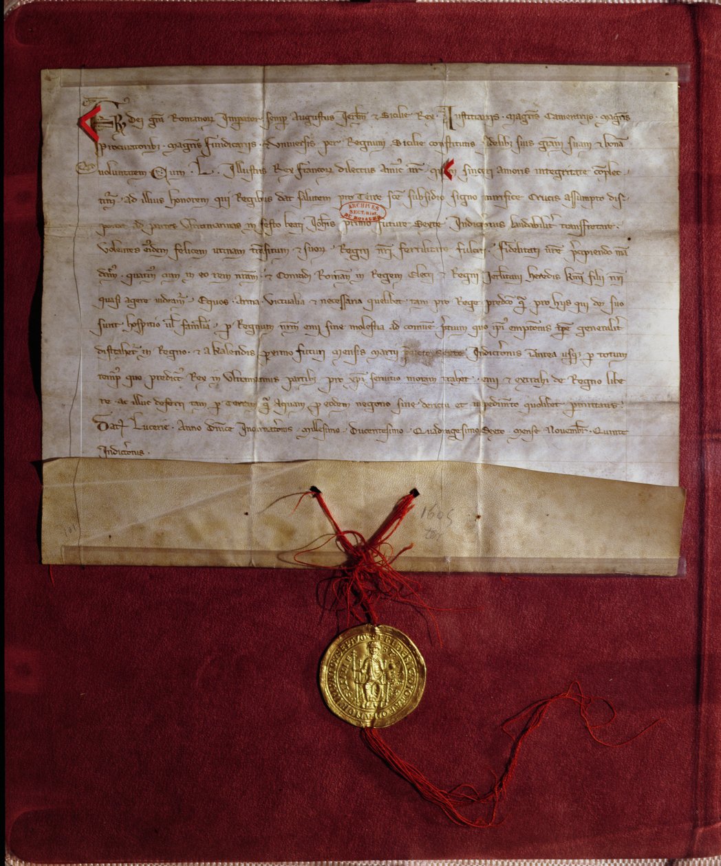 Åtagande från kejsar Fredrik II (1194-1250) att förse kung Ludvig IX (1214-70) med hästar, vapen och proviant för det sjunde korståget, 1246 av German School