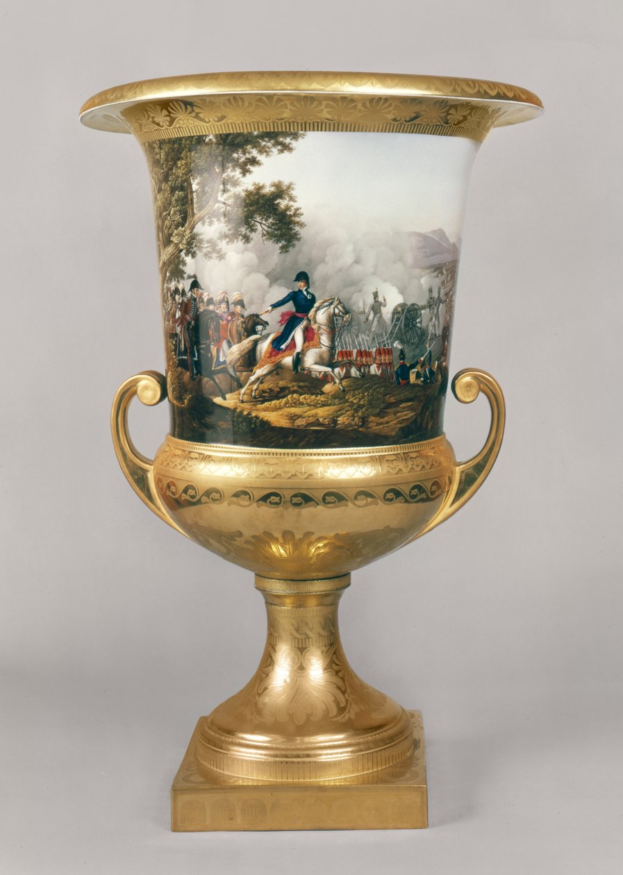 Urna föreställande hertigen av Wellington i en stridsscen från Preussian Dinner Service, Berlin, 1816-19 (porslin och förgylld) av German School