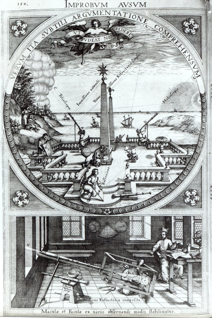 Olika metoder för att observera solfläckar, illustration från Rosa Orsina av Christoph Scheiner, publicerad 1630 (för detaljer se 294058) av German School