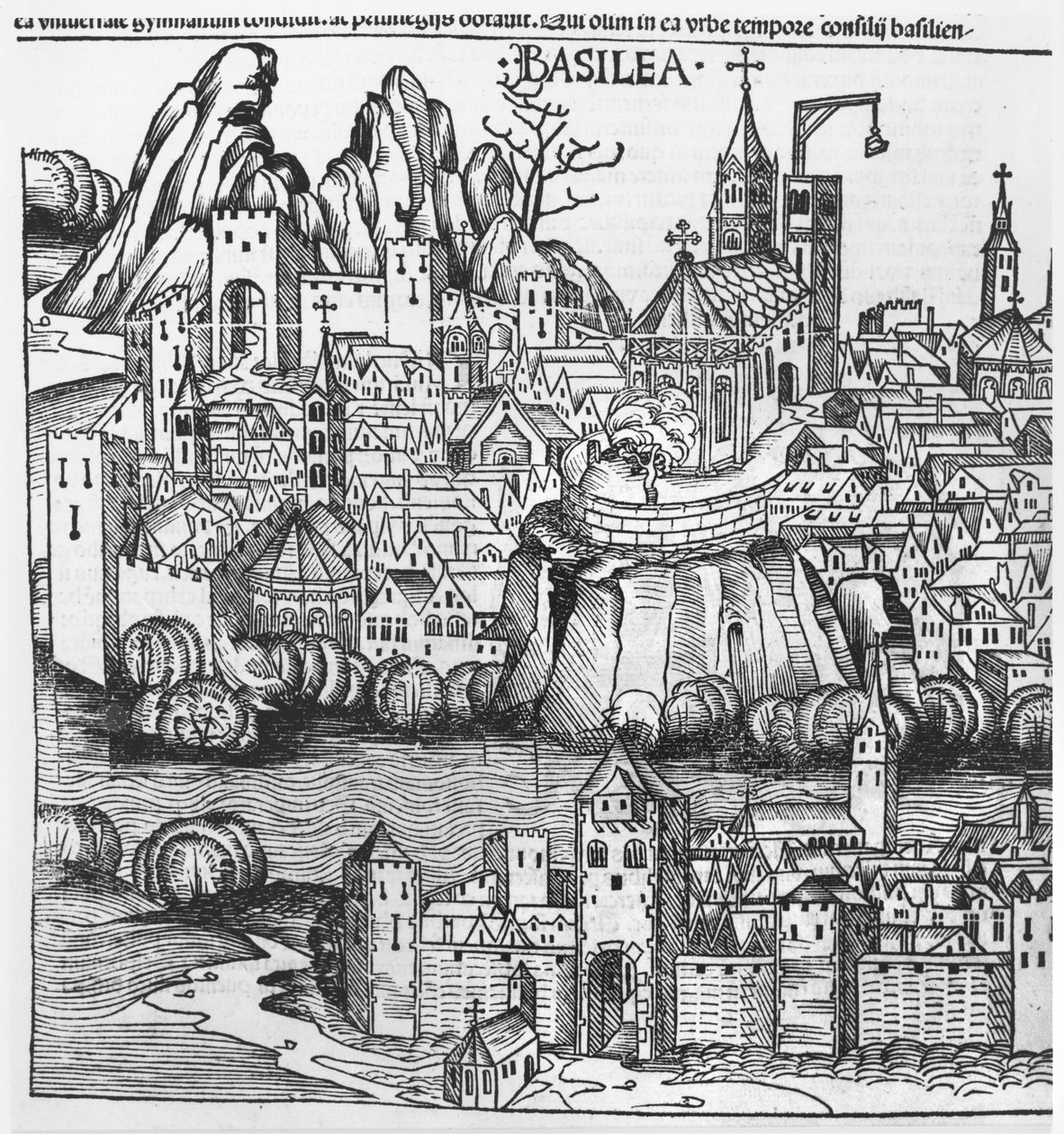 Utsikt över Basel, illustration från Krönikan av Nurnberg av Hartmann Schedel (1440-1514) 1493 av German School