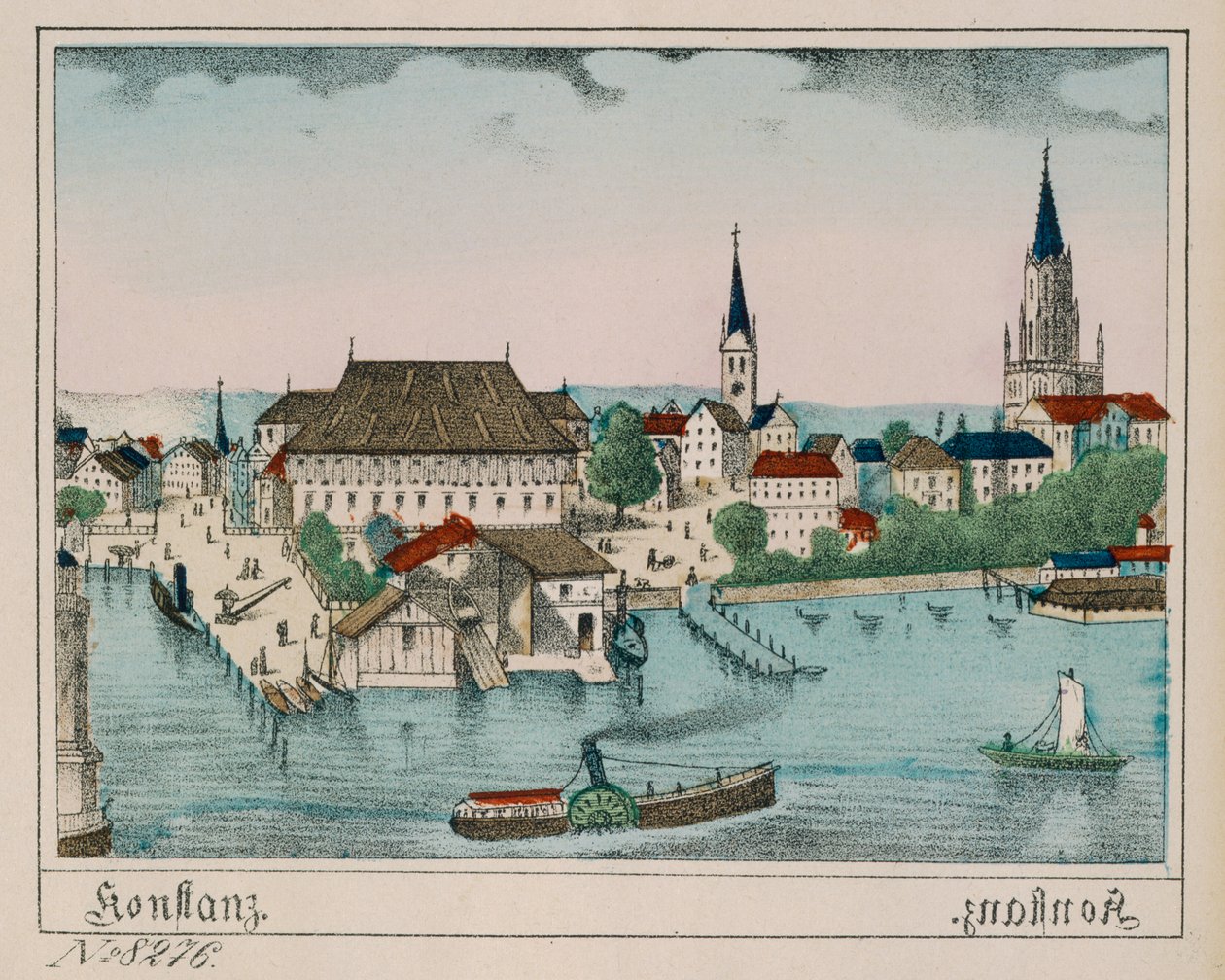 Vy över Konstanz som visar hamnen, Konzil och katedralen, från Neuruppiner Bilderbogen, 1830 av German School