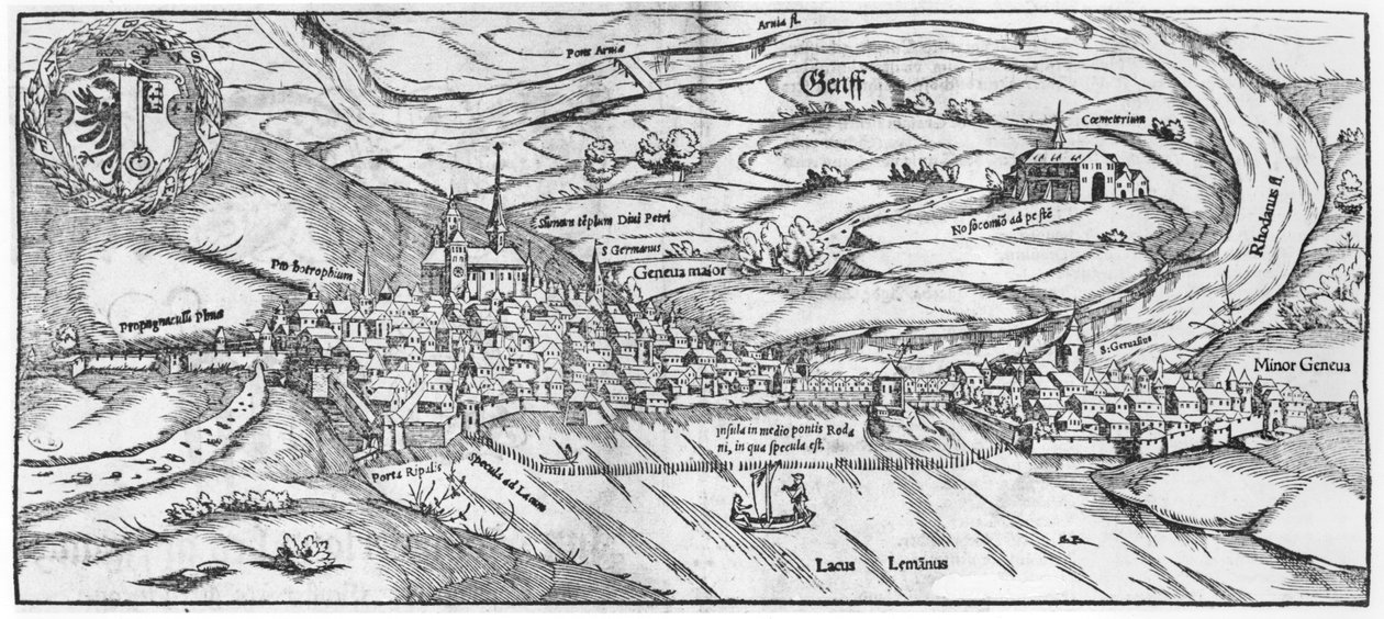 Utsikt över Genève, från Cosmographie Universelle av Sebastien Munster (1488-1552) Basel, publicerad 1559 av German School