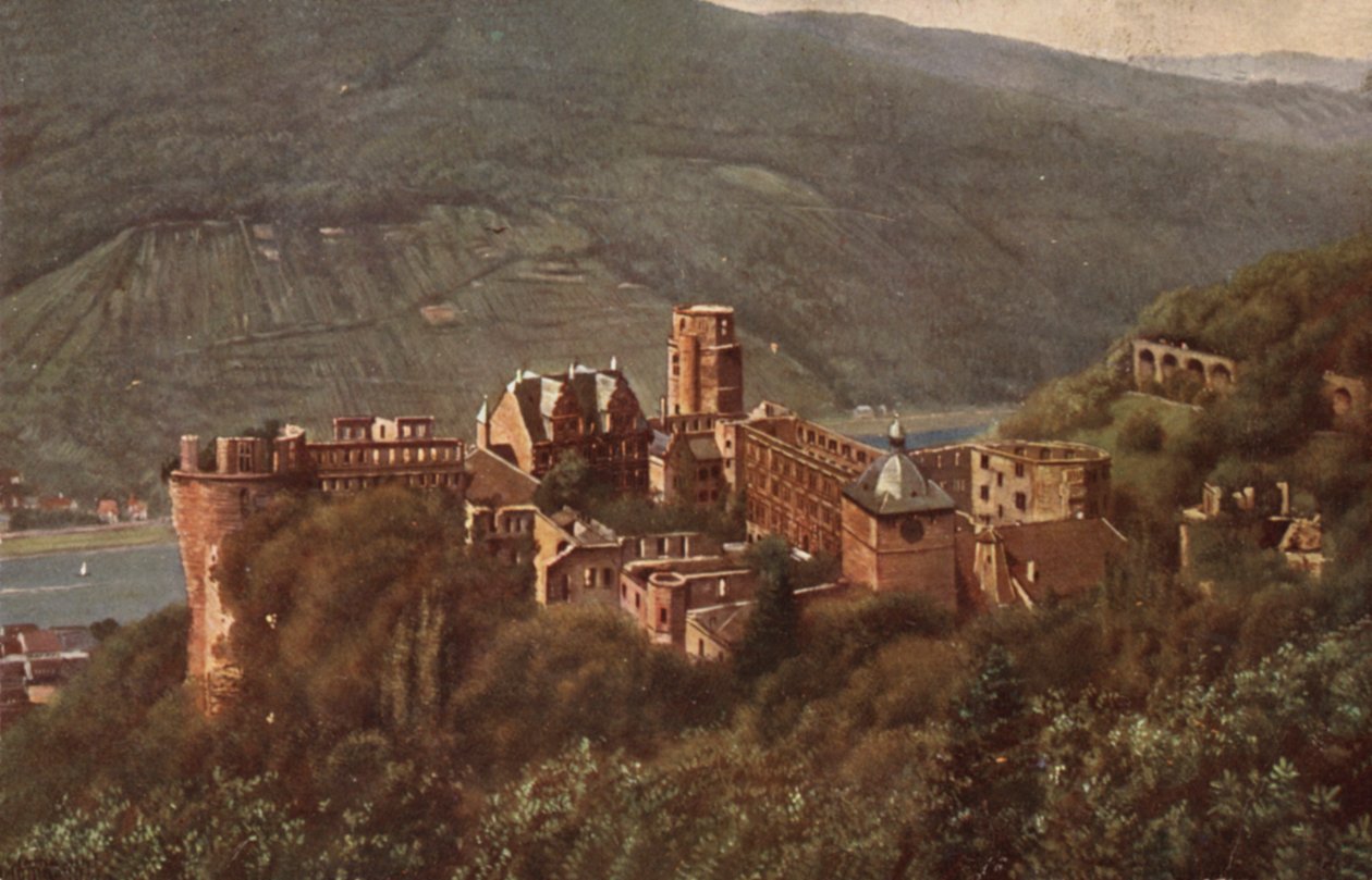 Utsikt över Heidelbergs slott från Molkenkur (färglitografi) av German School