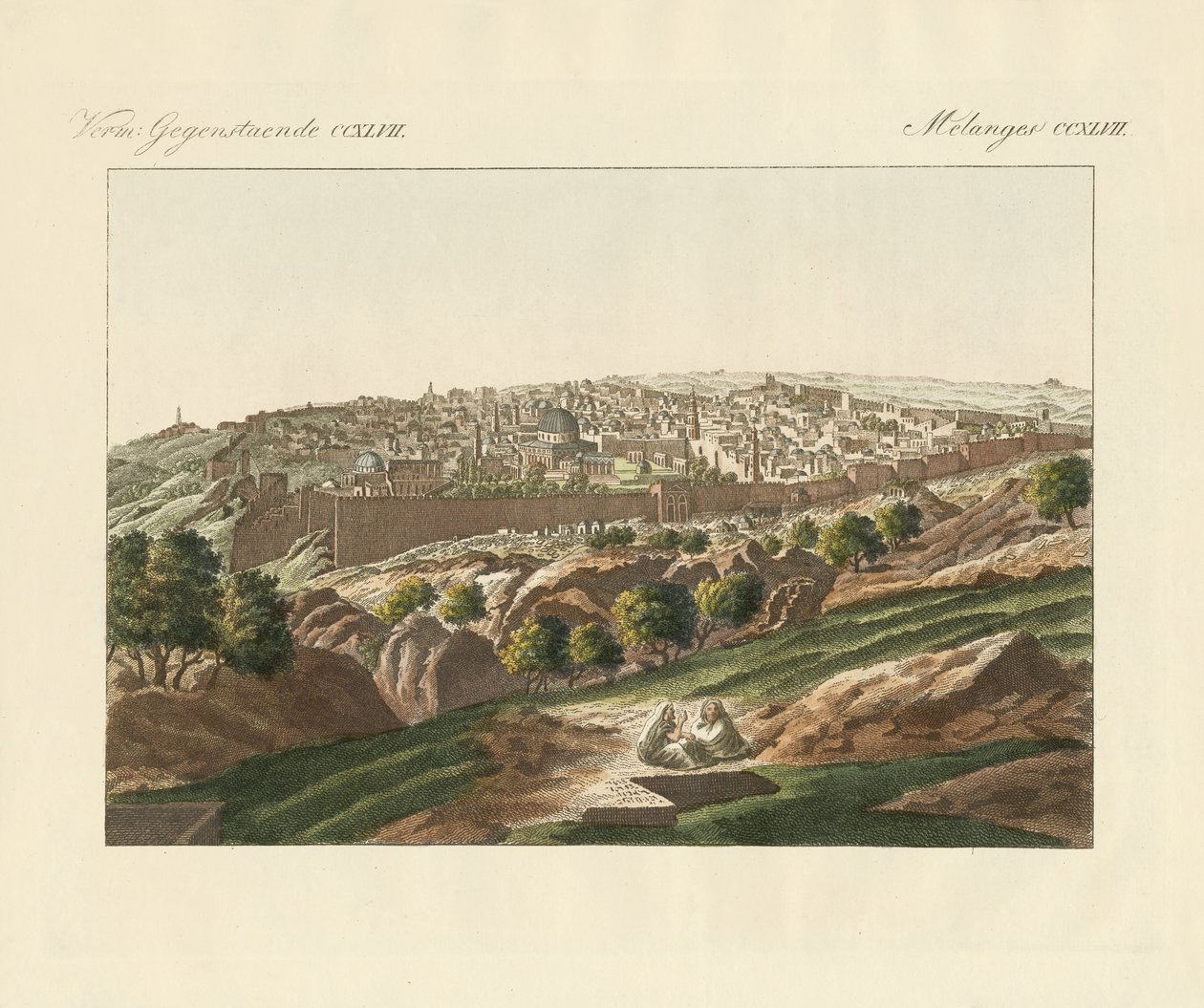 Utsikt över Jerusalem (färgad gravyr) av German School