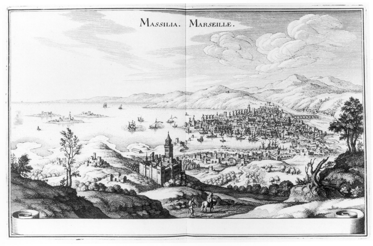Vy över Marseille, från Topographia Galliae av Martin Zeiller, publicerad 1655-61 av German School