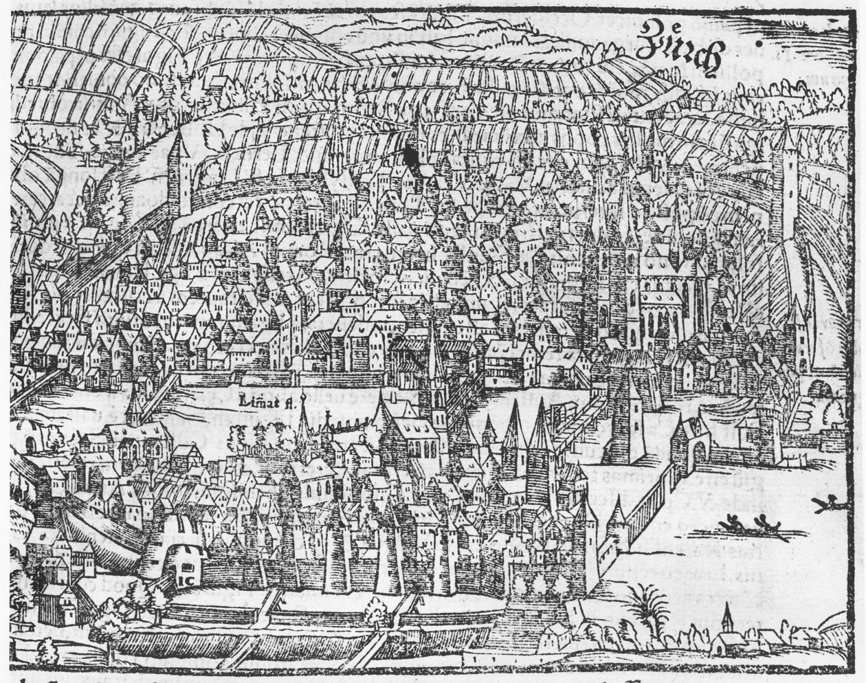 View of Zurich, från Cosmographie Universelle av Sebastien Munster (1488-1552) Basel, publicerad 1559 av German School