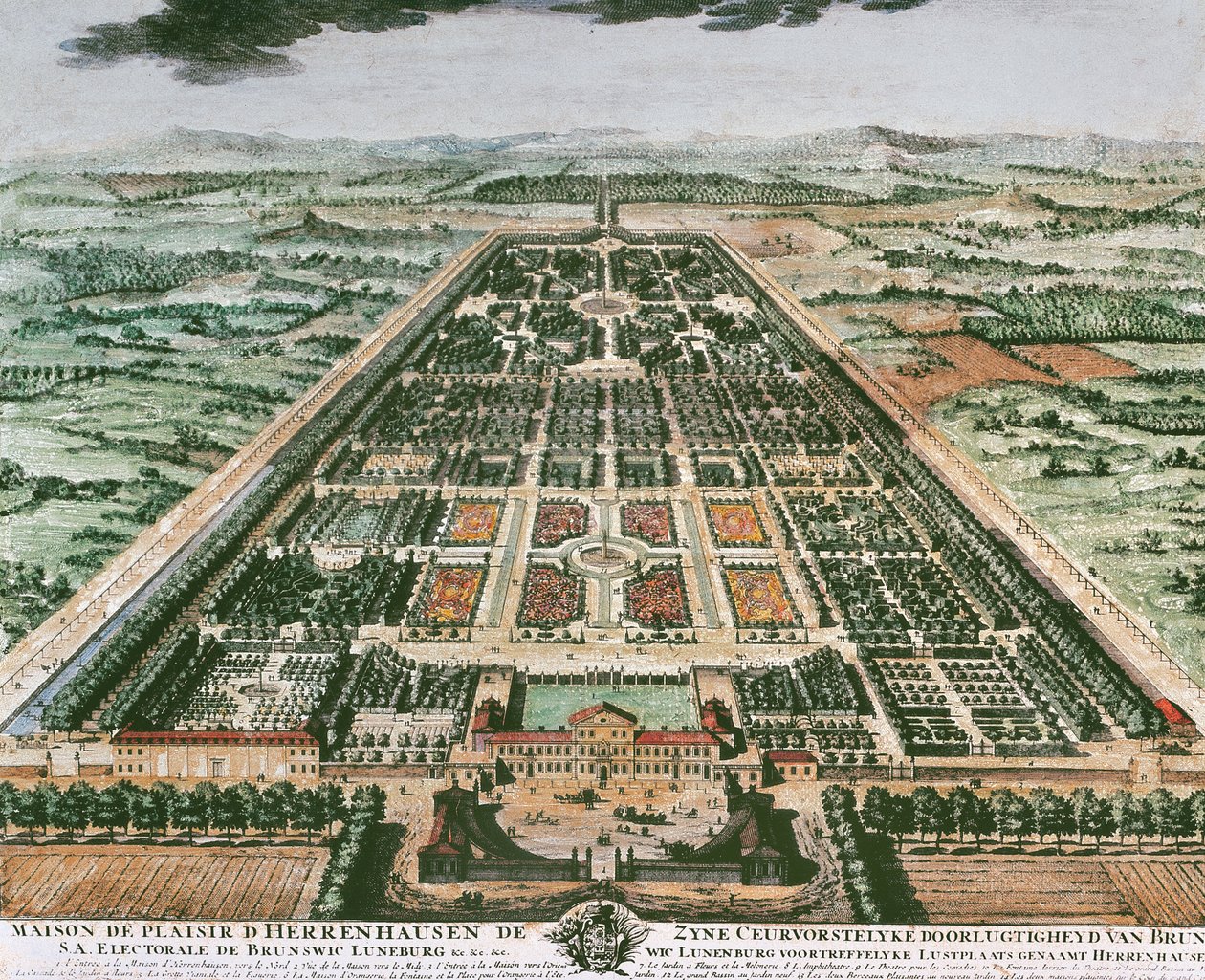Utsikt över Herrenhausens slotts trädgård, cirka 1708, färgtryck, Tyskland av German School