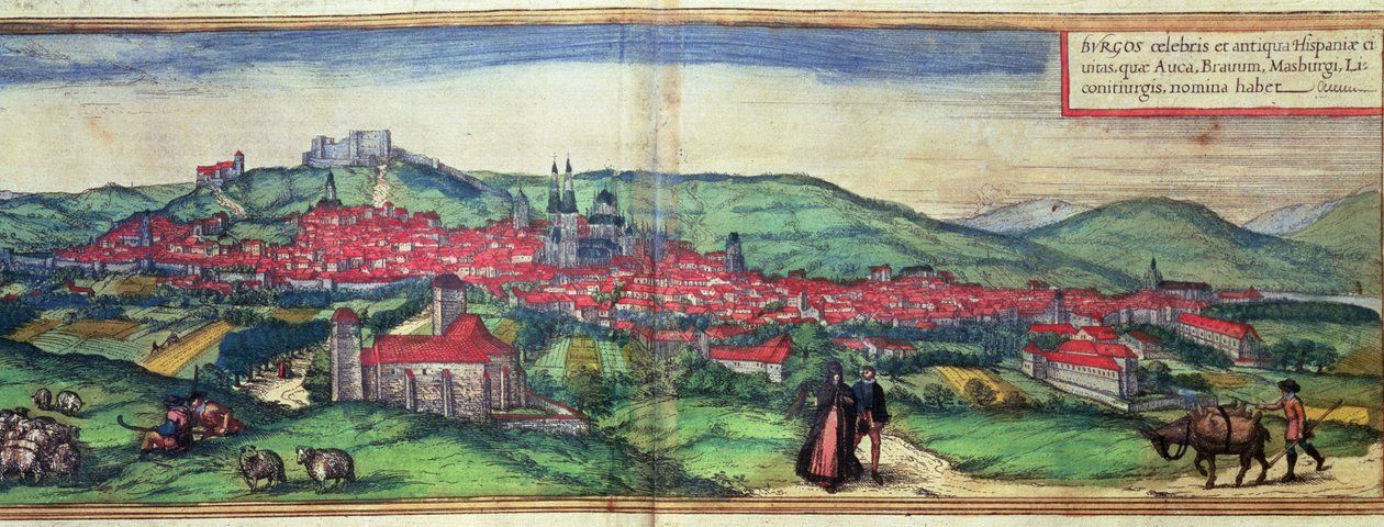 Utsikt över staden Burgos, från verket "Civites Orbis Terrarum" redigerat av Georg Braun och graverat av Franz Hogenberg av German School