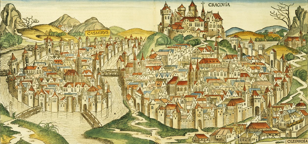 Utsikt över staden Krakow (Krakow), från Nürnbergkrönikan av Hartmann Schedel (1440-1514) 1493 av German School