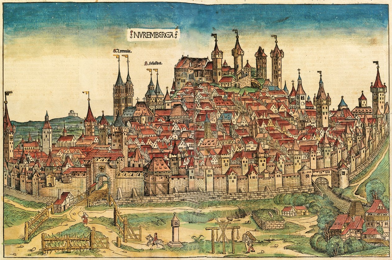 Utsikt över staden Nürnberga, publicerad i Nürnbergkrönikan, 1493 av German School