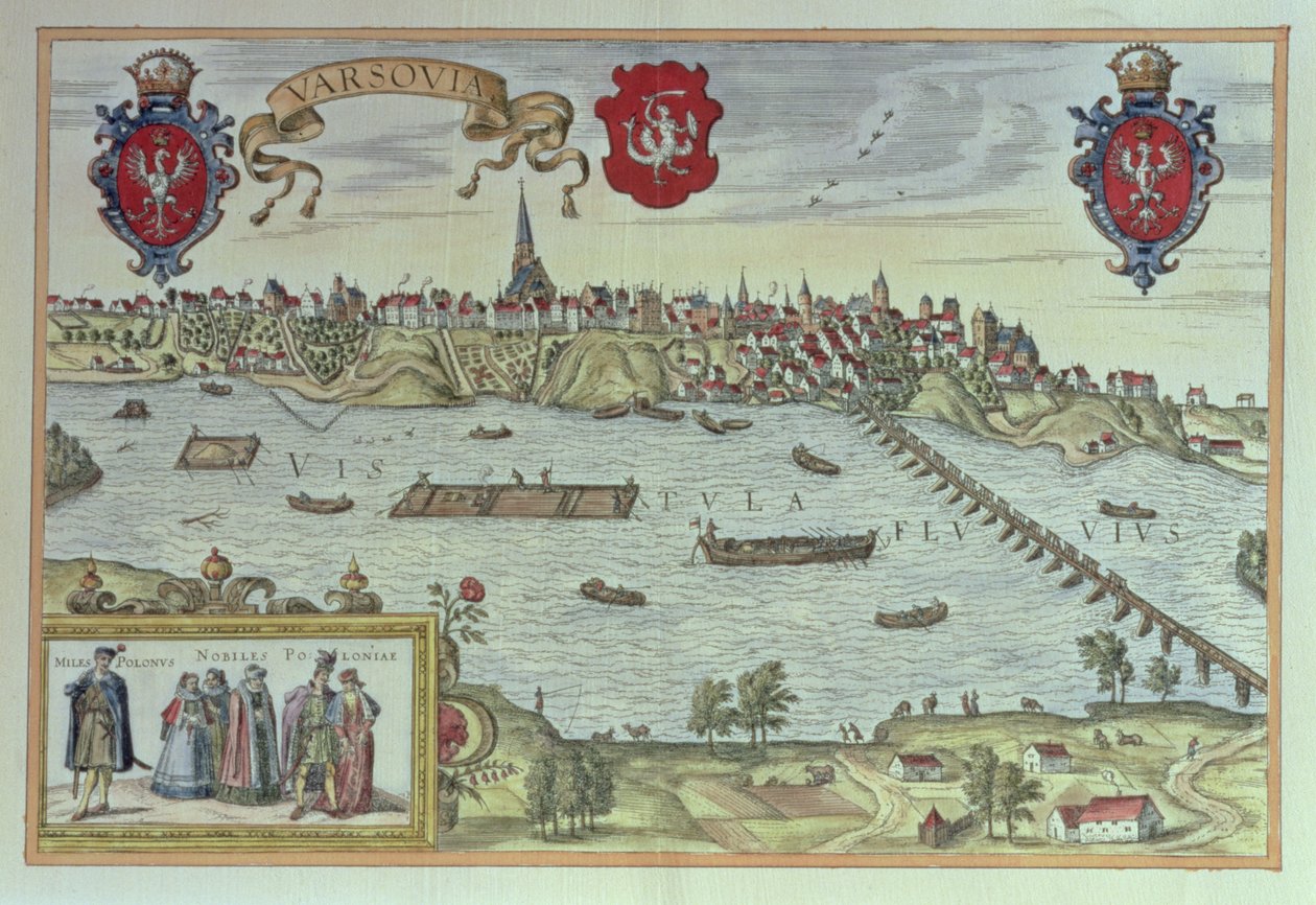 Utsikt över staden Warszawa bredvid floden Vistula, från "Gamla europeiska stadsscener" (gravyr) av German School