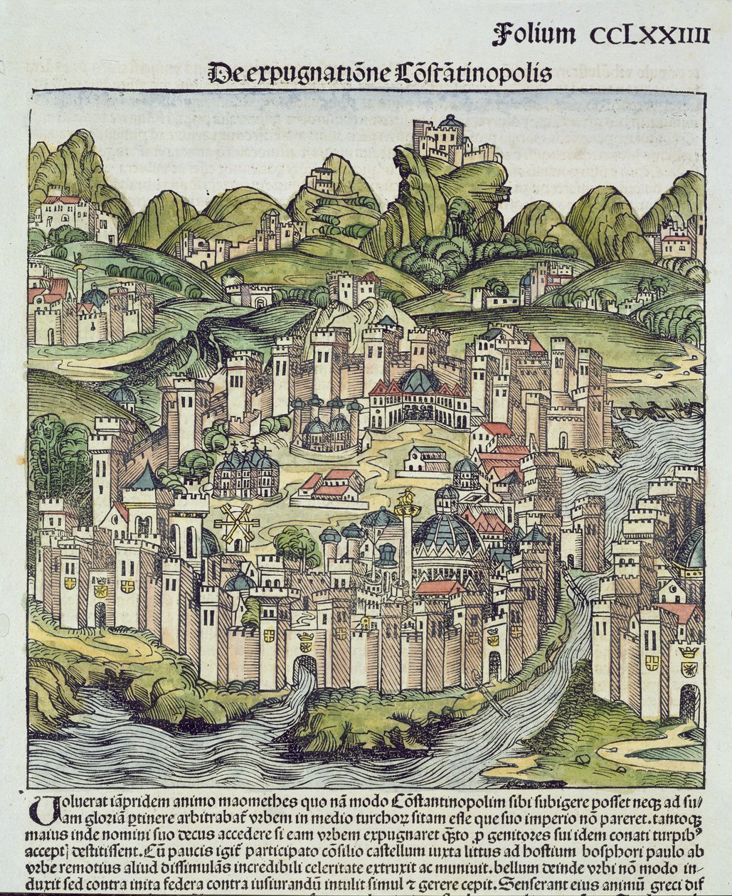 Utsikt över den muromgärdade staden Konstantinopel, från Nürnbergkrönikan av Hartmann Schedel (1440-1514) 1493 (träkloss) av German School