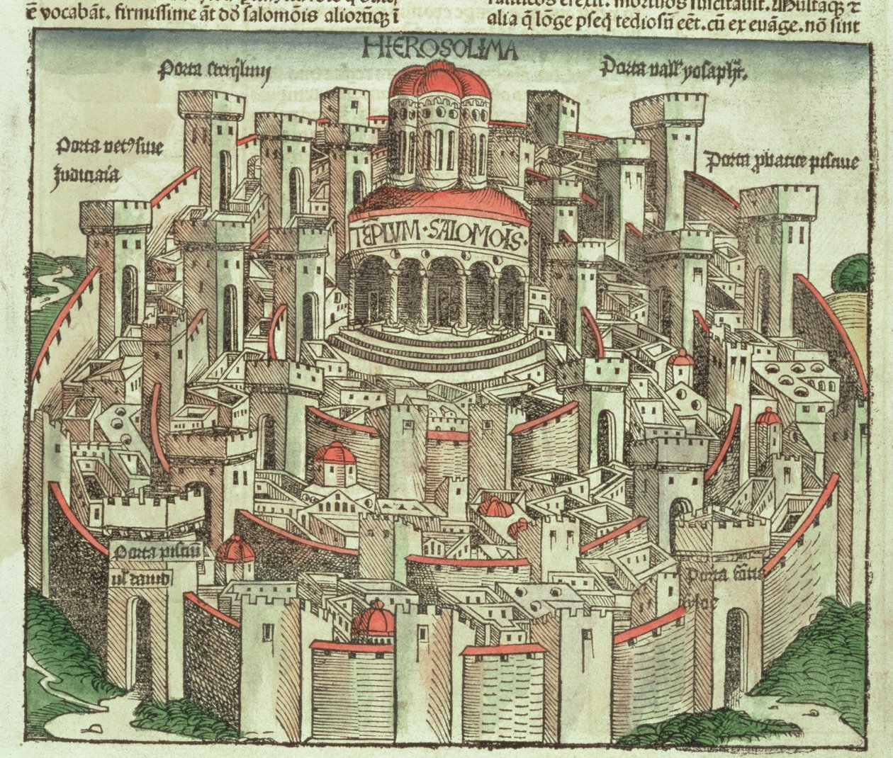 Utsikt över den muromgärdade staden Jerusalem som visar Salomos tempel och stadsportarna, från Nürnbergkrönikan av Hartmann Schedel (1440-1514) 1493 av German School