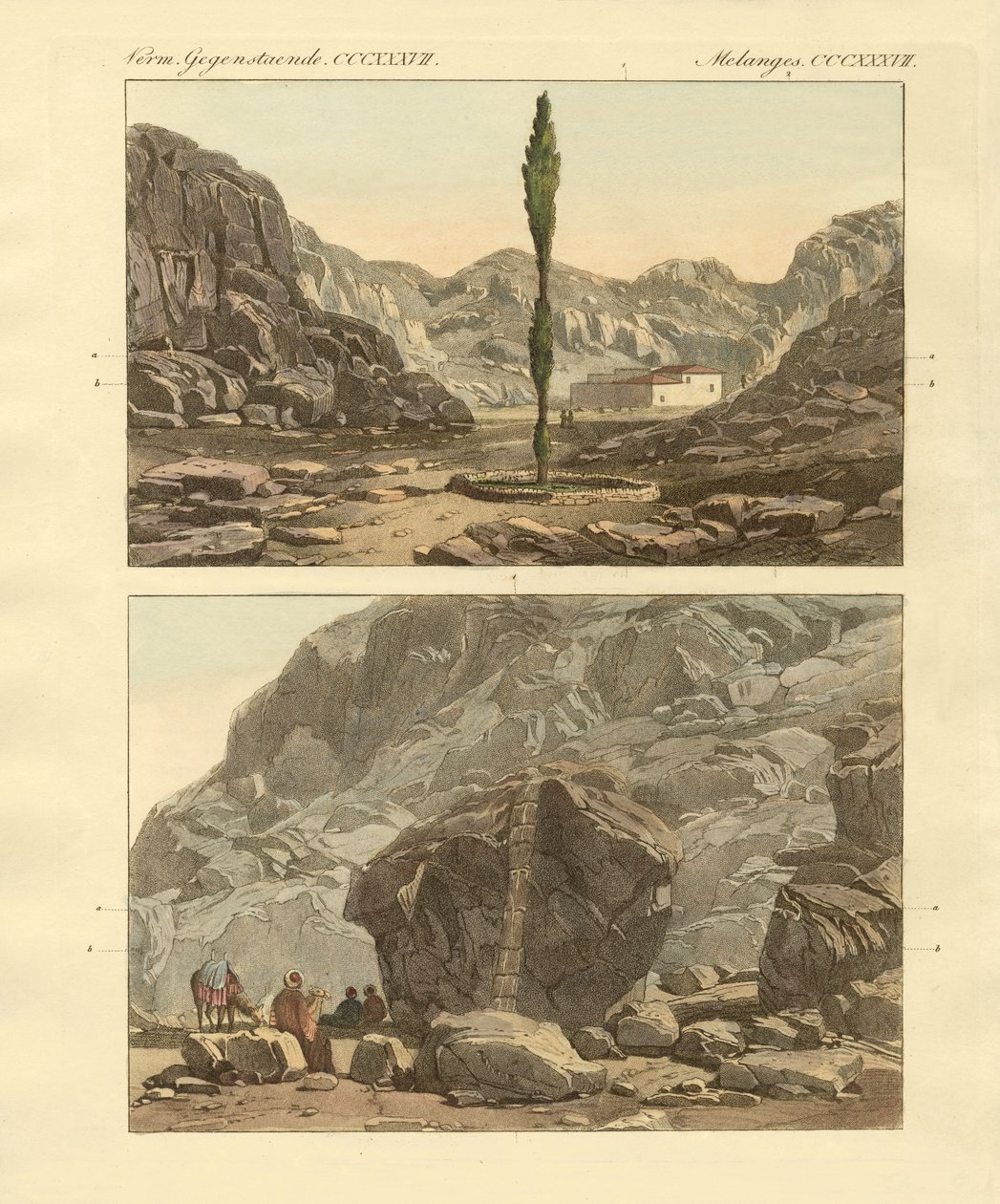 Utsikt över berget Sinai (färgad gravyr) av German School