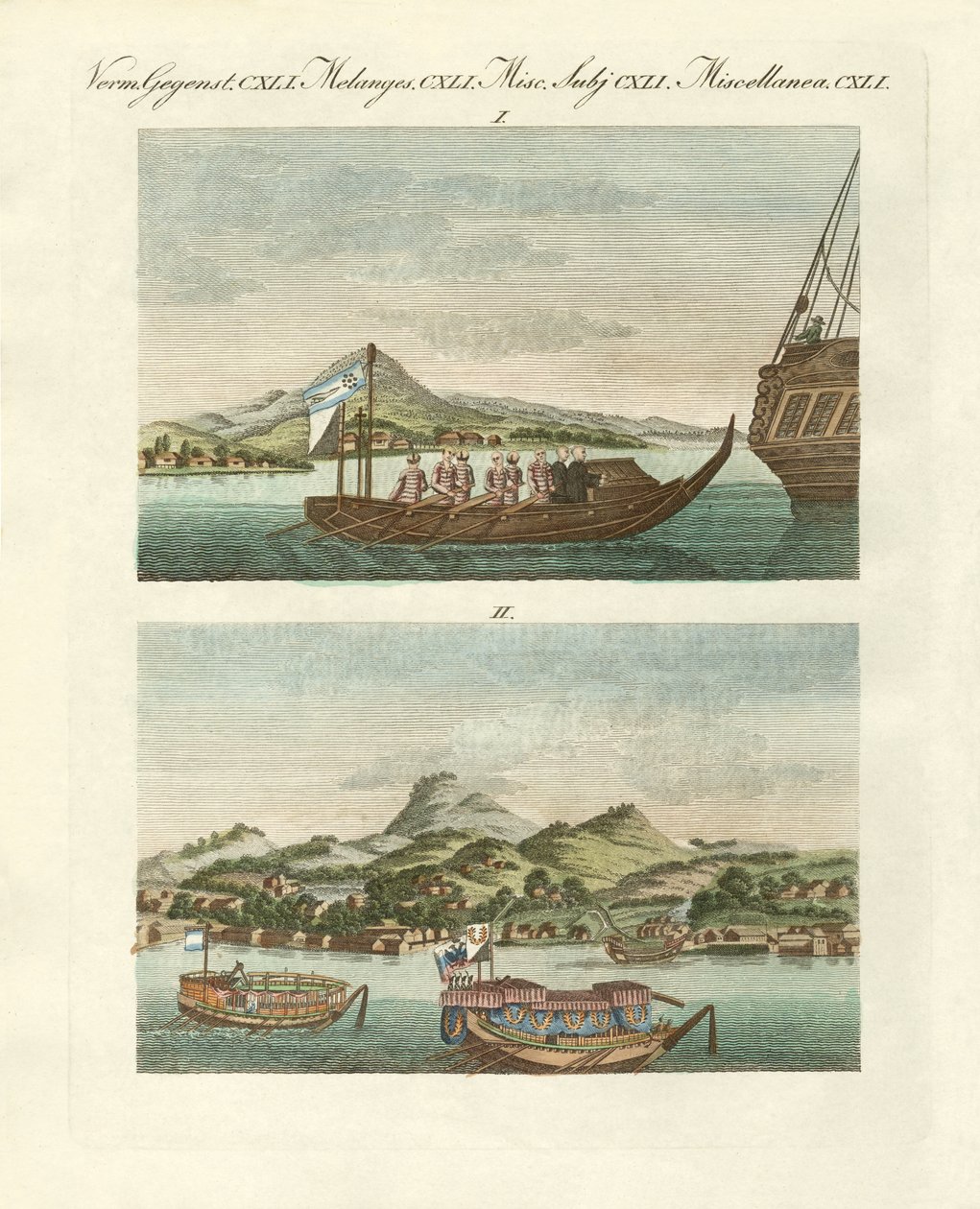 Utsikt över Japans kust bredvid japanska fordon (färgad gravyr) av German School
