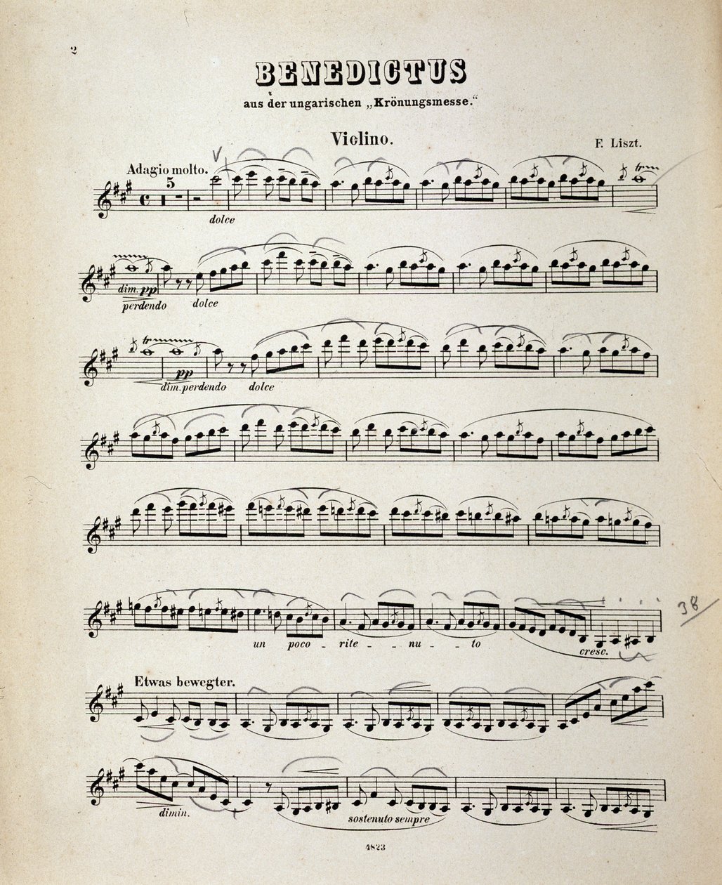 Violinpartitursida från ungersk kröningsmässa av Franz Liszt av German School