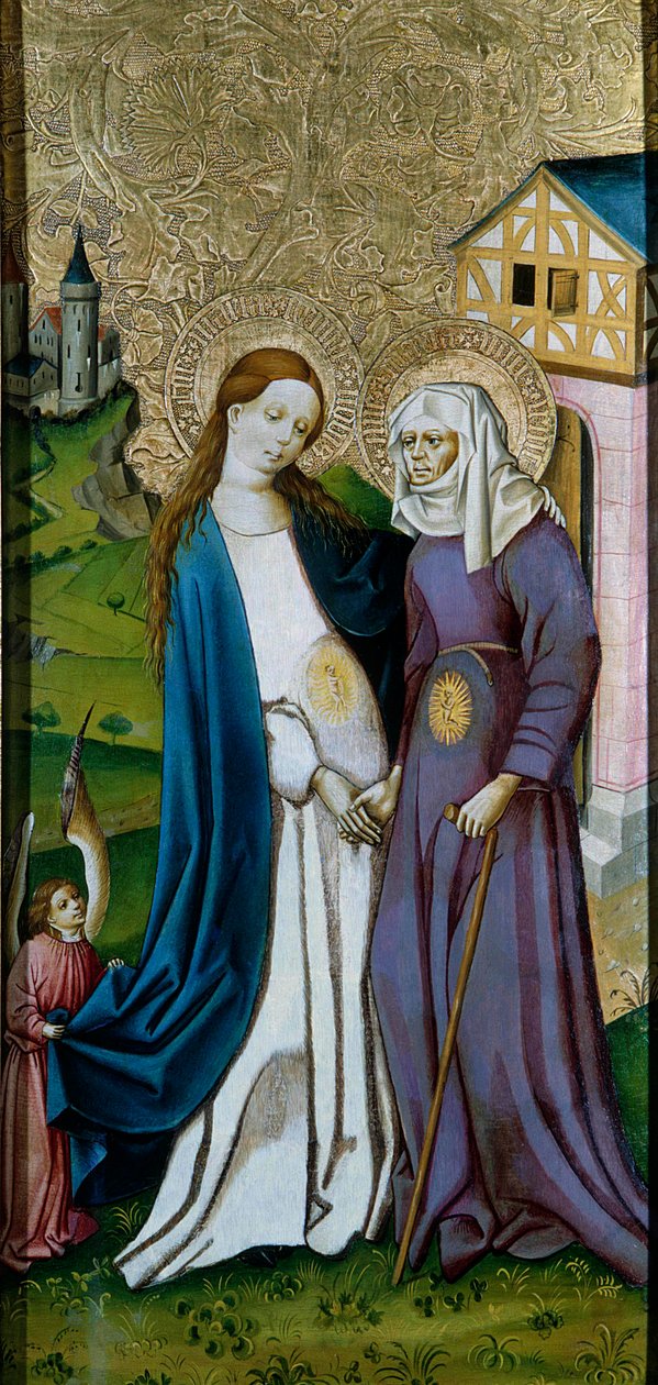Visitation. Möte mellan Jungfru Maria och Saint Elizabeth. Målning av den tyska skolan av German School