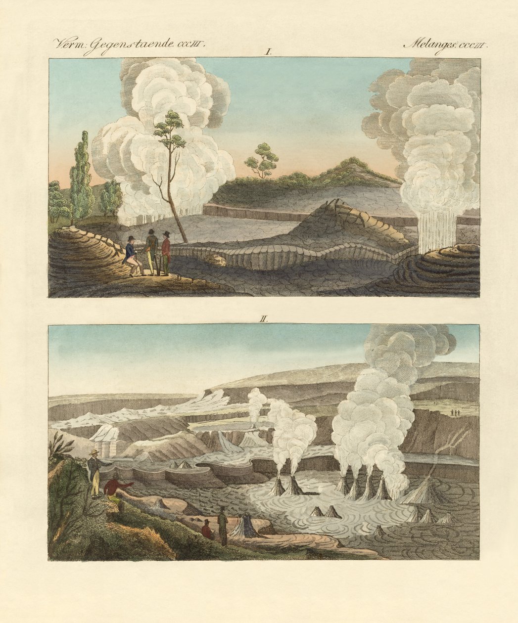 Vulkaner på ön Hawaii (färgad gravyr) av German School