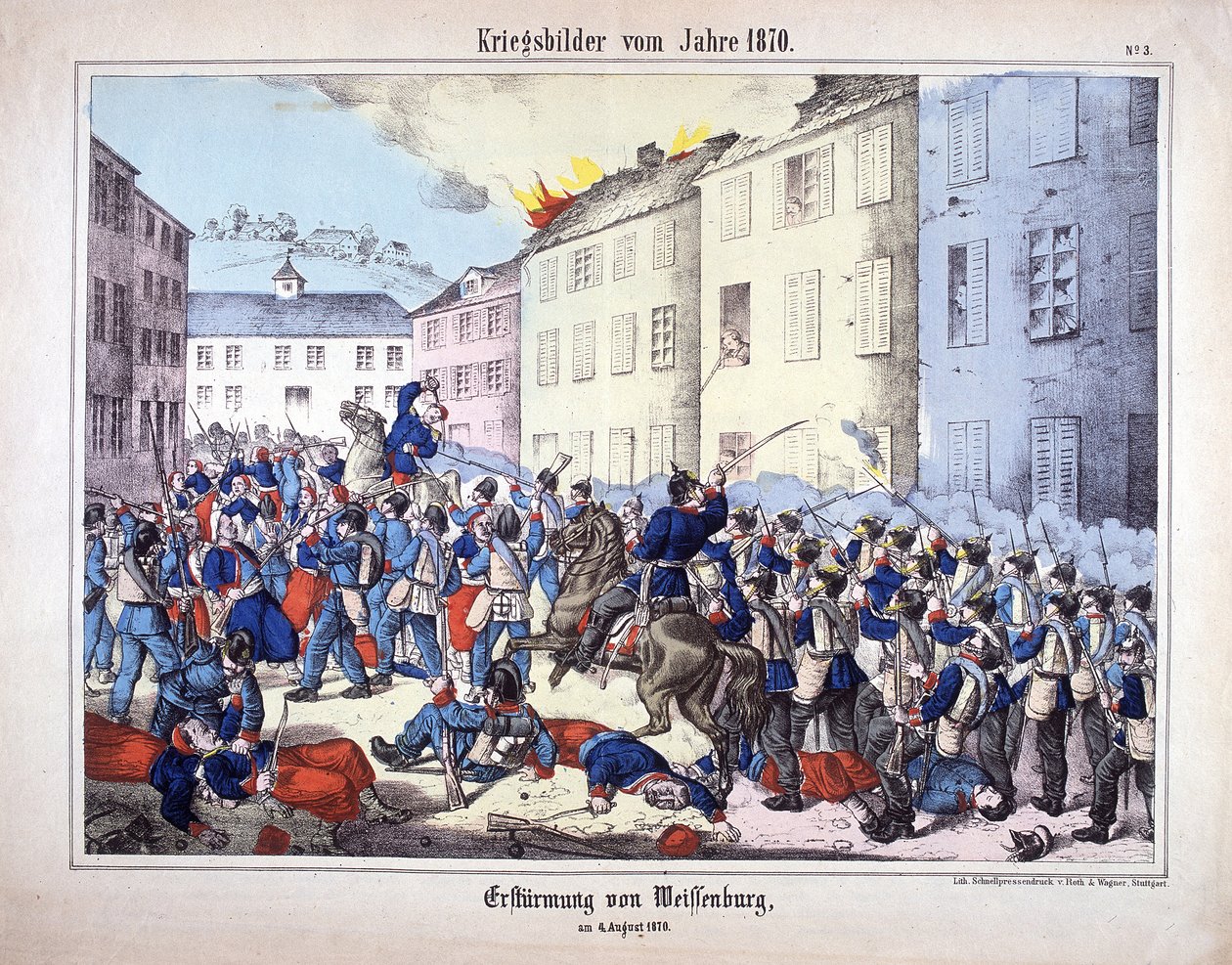 Kriget 1870: Erövringen av Wissembourg (slaget vid Weissenburg) mellan soldaterna från den preussiska armén och fransmännen den 4 augusti av German School