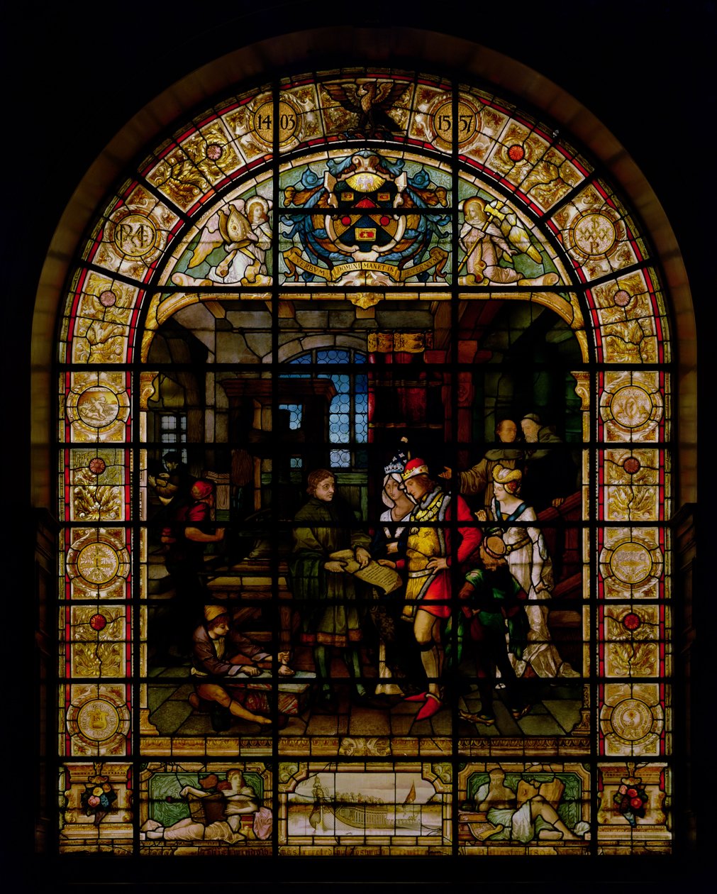 William Caxton visar sin första tryckta bok för Edward IV och hans fru, Elizabeth Woodville 1477, av Mayer and Co., Münchenbaserat företag verksamt i London, ca 1880 (målat glasfönster) av German School