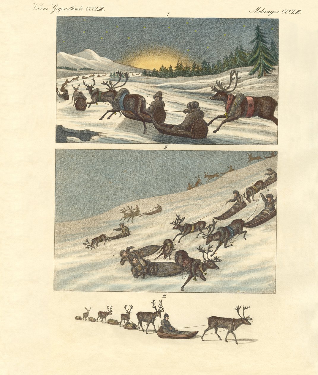 Vinterresor i Lappland (färgad gravyr) av German School