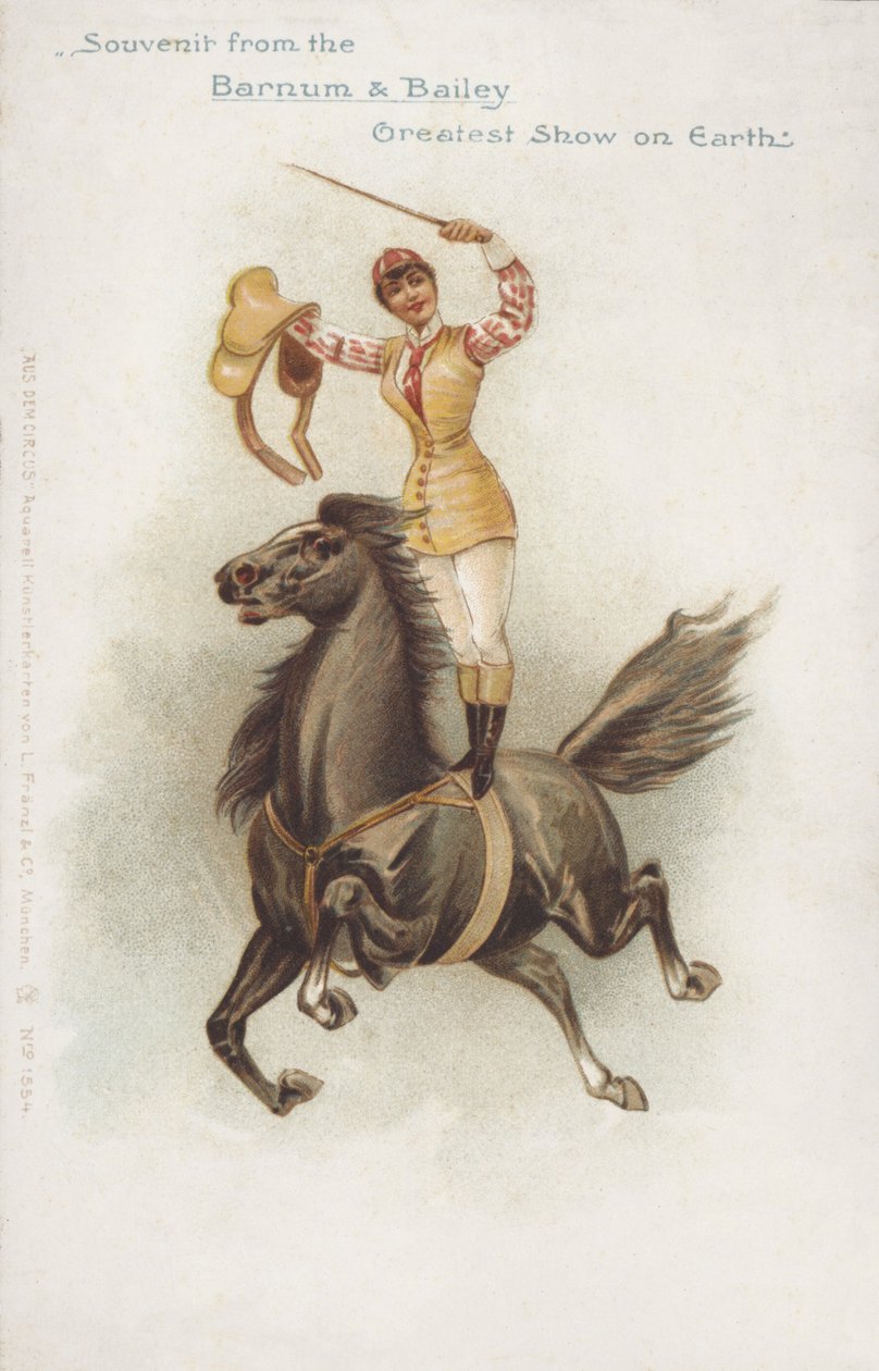 Kvinnlig ryttare på Barnum och Baileys cirkus (chromolitho) av German School