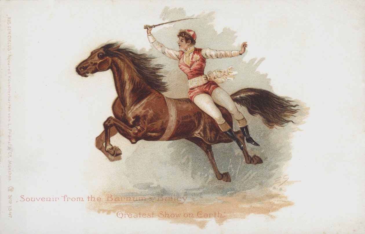 Kvinnlig ryttare på Barnum och Baileys cirkus (chromolitho) av German School