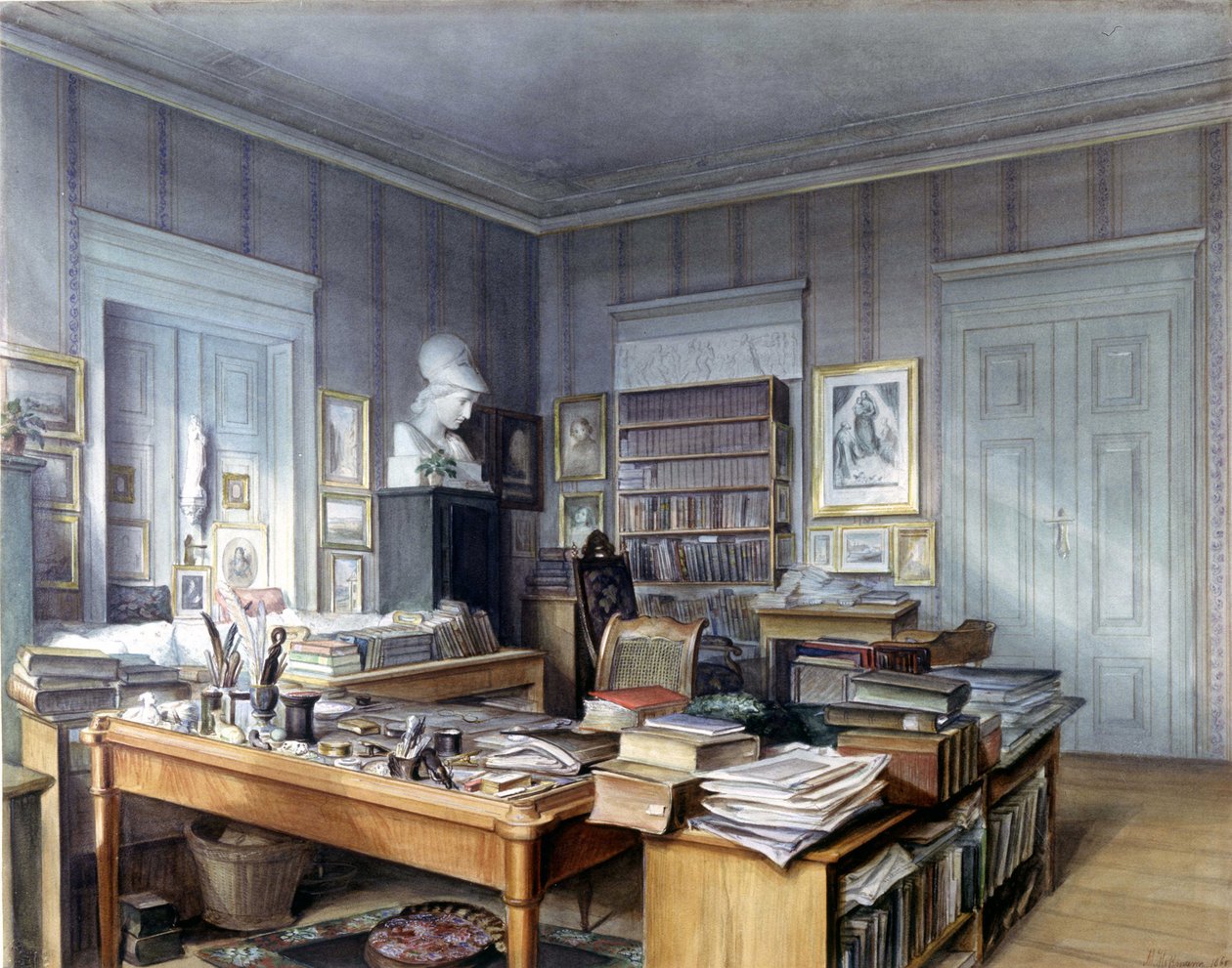 Wilhelm Grimms (1786 -1859) arbetsrum i Berlin, Linkstrasse 7. Gravyr av herr Hoffmann. Nationalmuseum, Nürnberg. 1860. av German School
