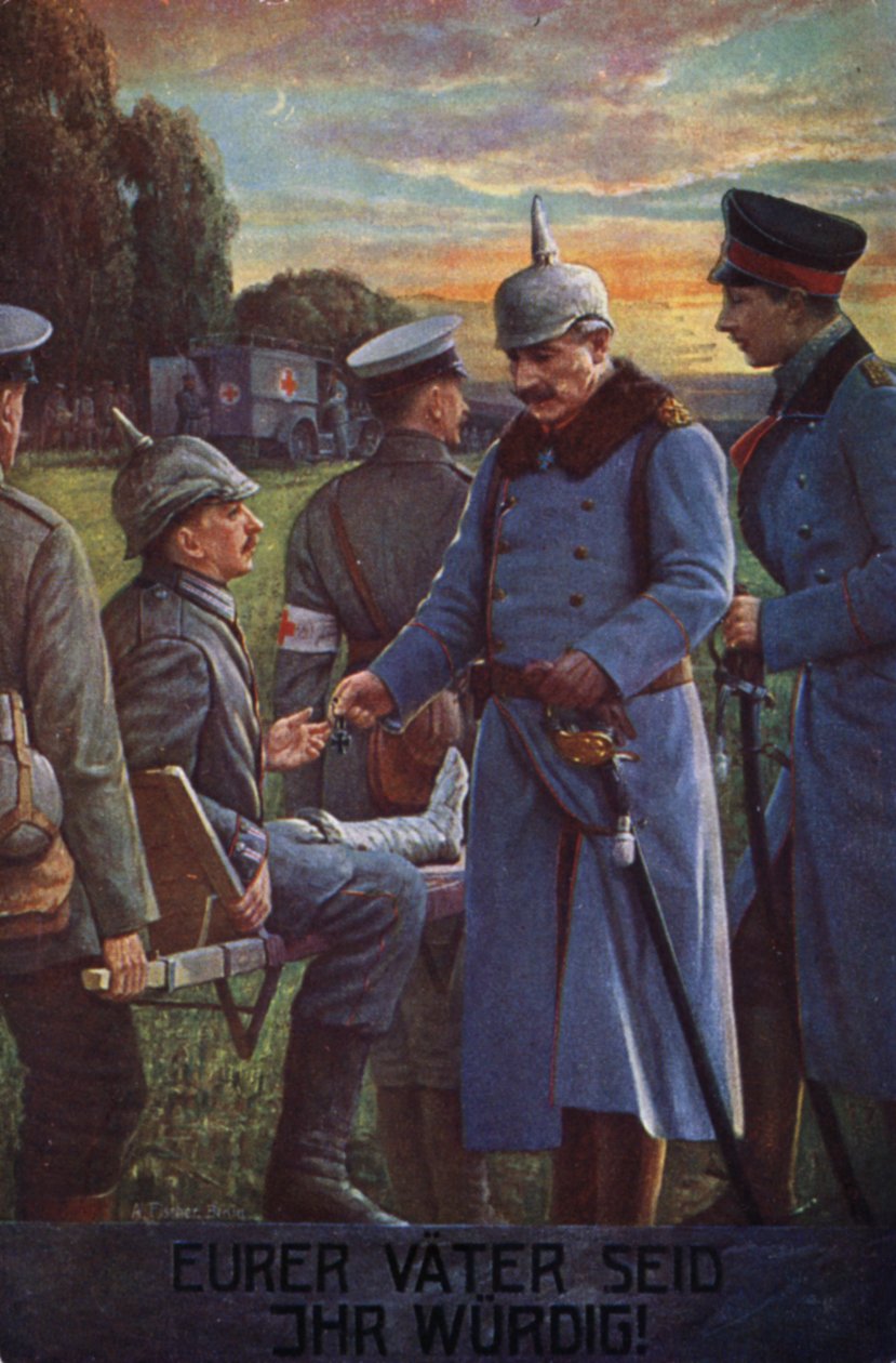 Du är värdig dina fäder: Kejsar Wilhelm II tilldelar en sårad tysk soldat järnkorset (färglitografi) av German School