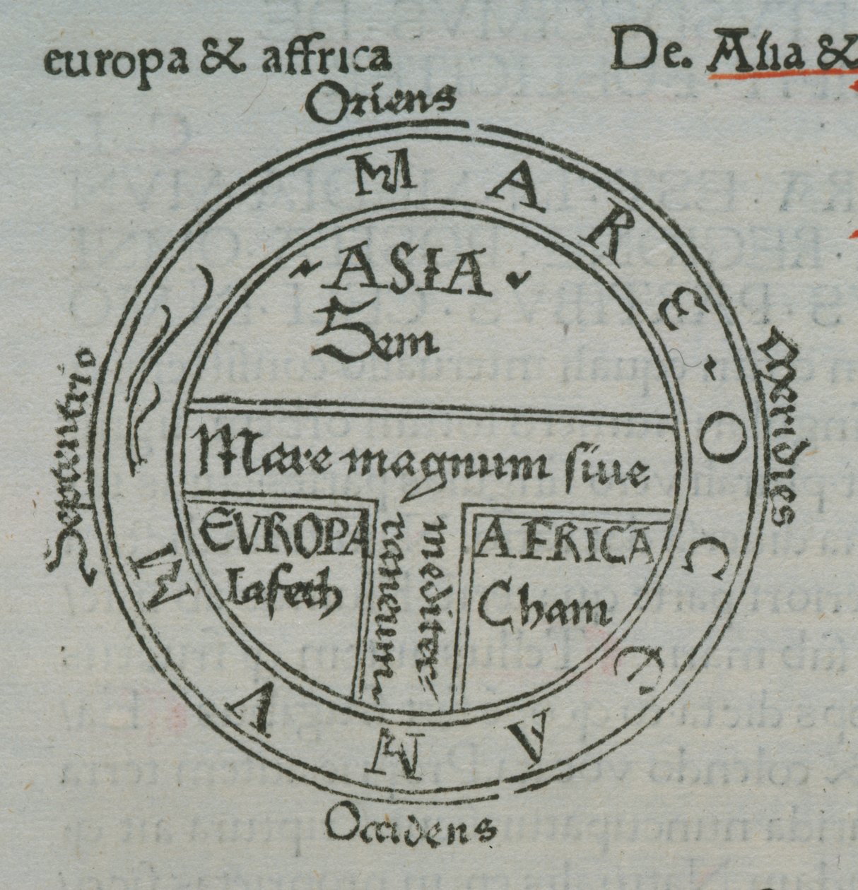 f.177v T-in-O karta, med boktrycksortsnamn, från Isidore of Sevilla, Liber Etimologiarvm av German School