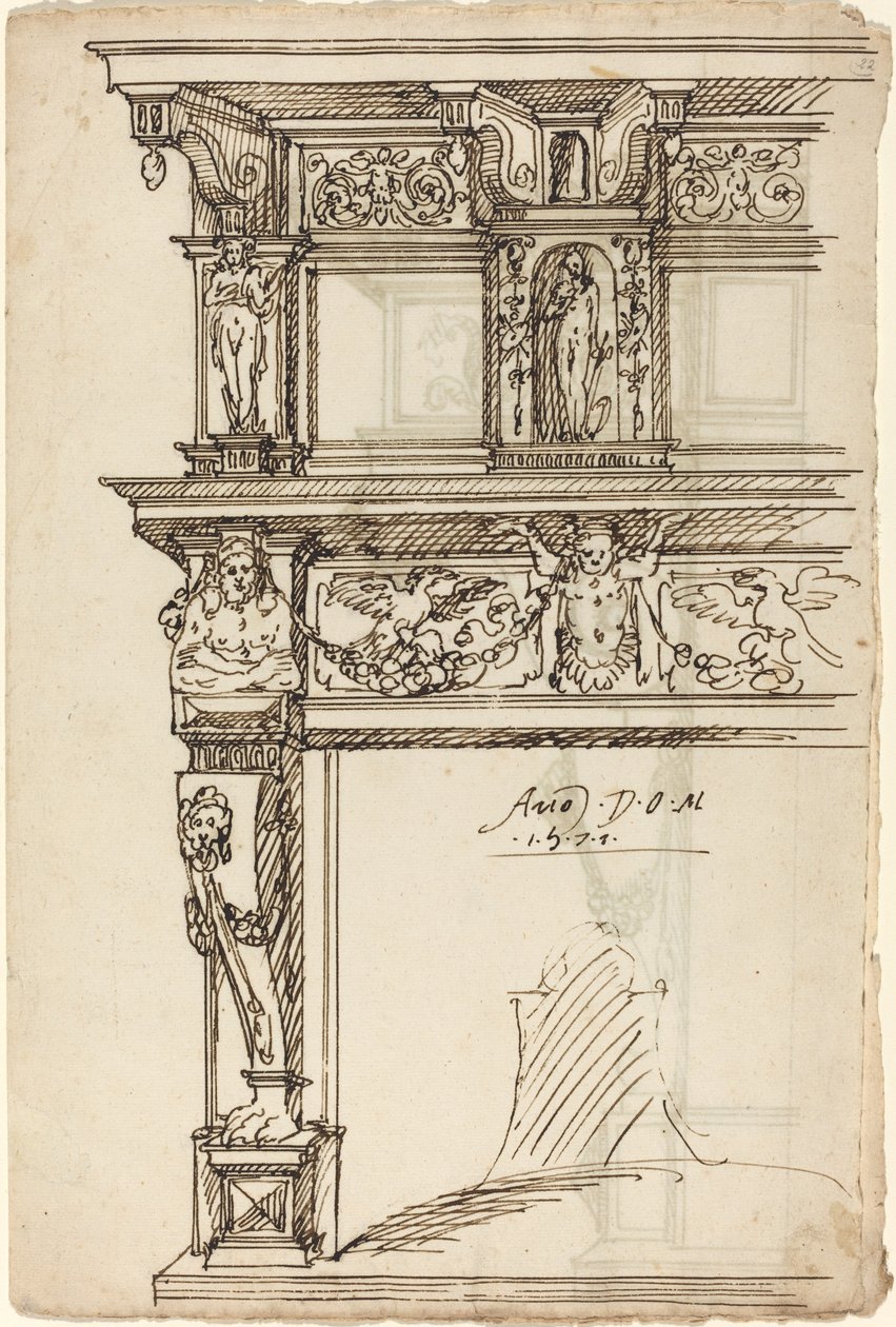 Palatial mantel med Merkurius och hopp [recto] av German or Austrian 16th Century