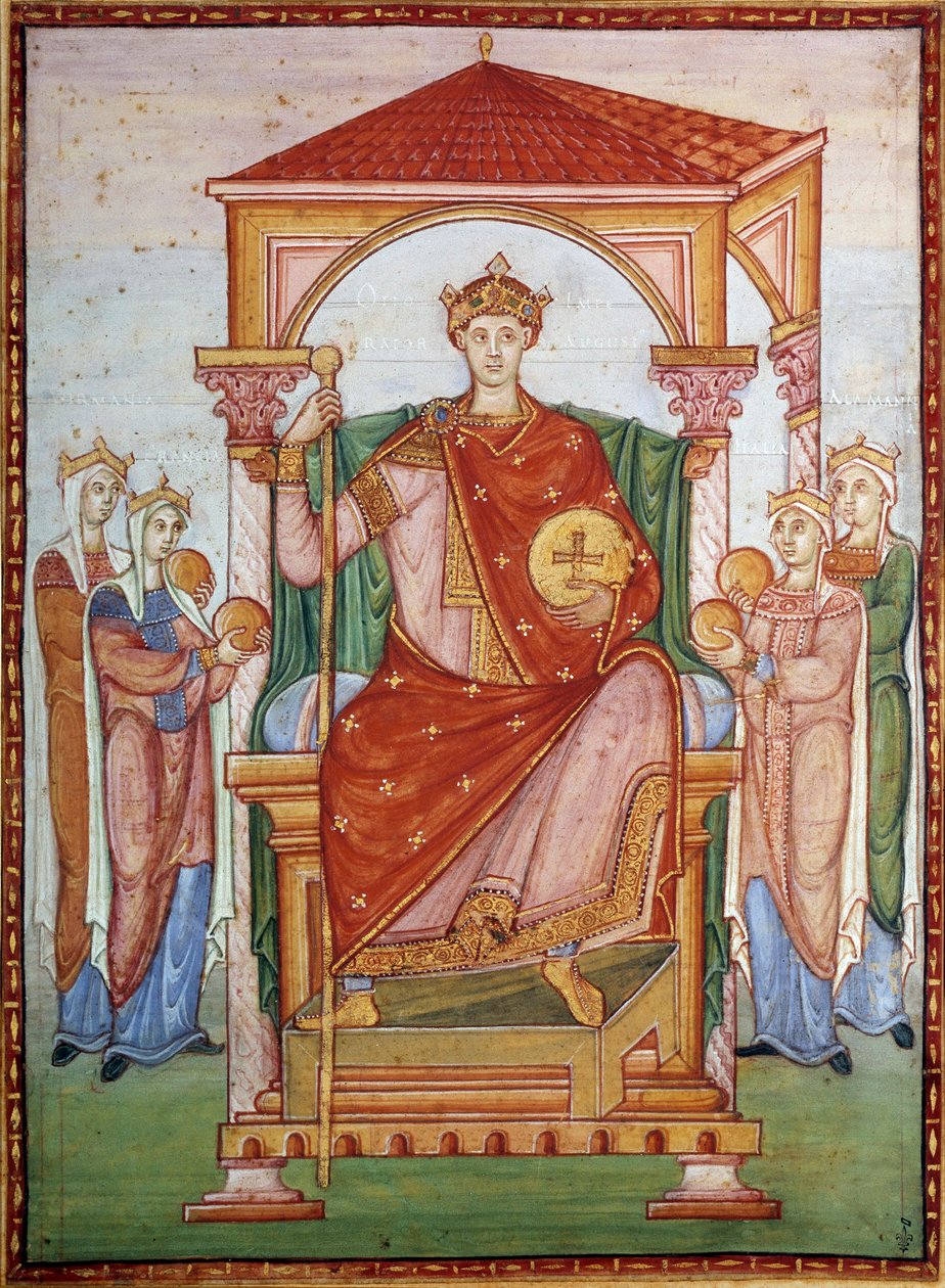 Otton III (980-1002) Germansk kejsare som tar emot hyllningen av nationerna Miniatyr från manuskriptet "Evangelikal av Otton III", sent 1000-tal. Chantilly, Conde Museum av German School