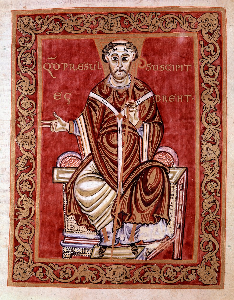 Eveque Egbert de Treves tar emot psaltaren från händerna på munken Rudprecht (ej representerad här) - Miniatyr av Codex of Egbert (Codex Egberti) av skolan i Reichenau, 980 - Cividale del friuli, museo archeologico eller Cathedrale de Civid av German School