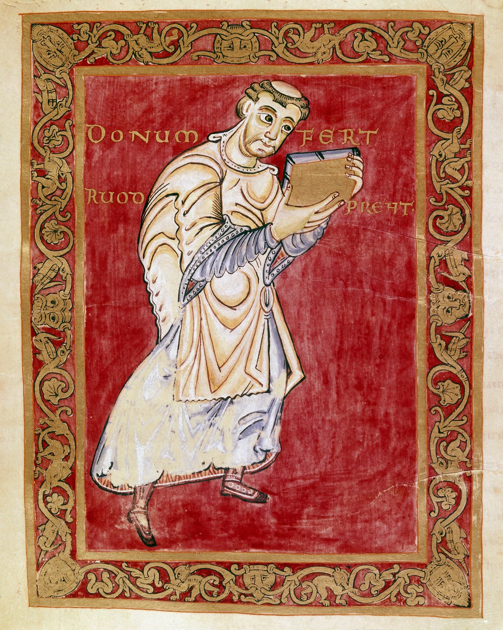 Munken Ruodprecht tar manuskriptet till bågen Egbert de Treves (977-993) Miniatyr av Egberts Codex (Codex Egberti) av skolan i Reichenau. Cividale del Friuli, Museo Archeologico eller Cathedrale de Cividale av German School