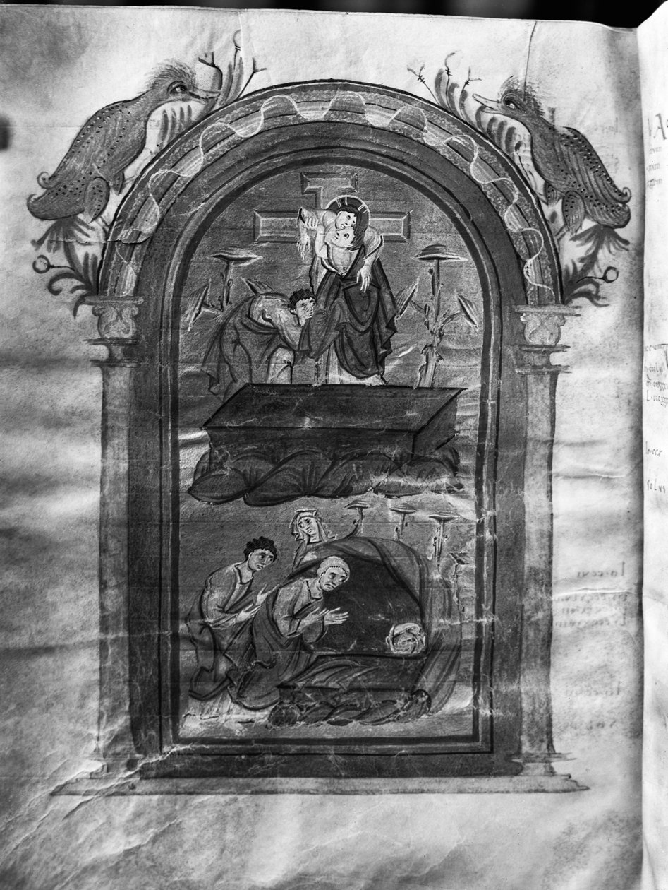 f.234v, Nedstigning från korset och besök av lärjungarna vid graven, Liuthar-Evangeliar / Otto-Evangeliar, c.990 (tempera på veläng) av German School