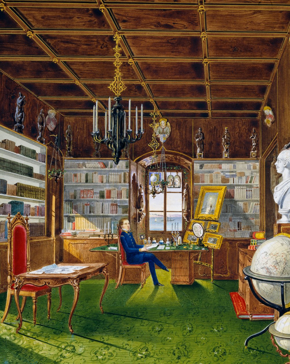 Biblioteket i Villa Lazarovich, Triestes residens för Maximilian av Habsburg (1832-1867), tempera av Germano Prosdocimi av Germano Prosdocimi