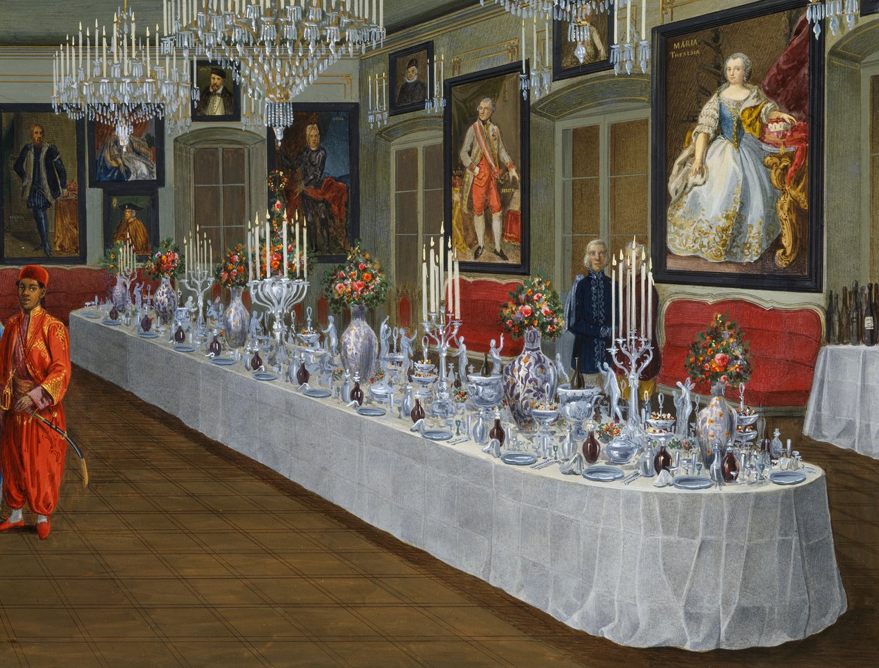 Matsalen med serie porträtt av Habsburgska kejsare, målning av Josef Kiss, Villa Lazarovich, Maximilian av Habsburgs residens i Trieste (1832-1867), tempera av Germano Prosdocimi av Germano Prosdocimi