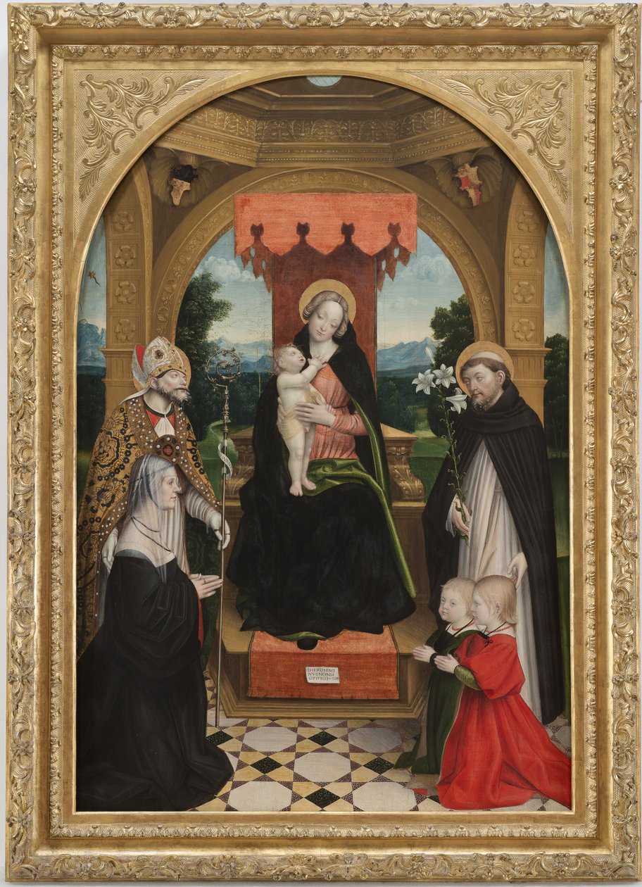 Madonna tronade med barnet mellan de heliga Abbondio och Dominic, kommissarien Ludovica Buronzo och hennes söner Peter och Jerome av Gerolamo Giovenone