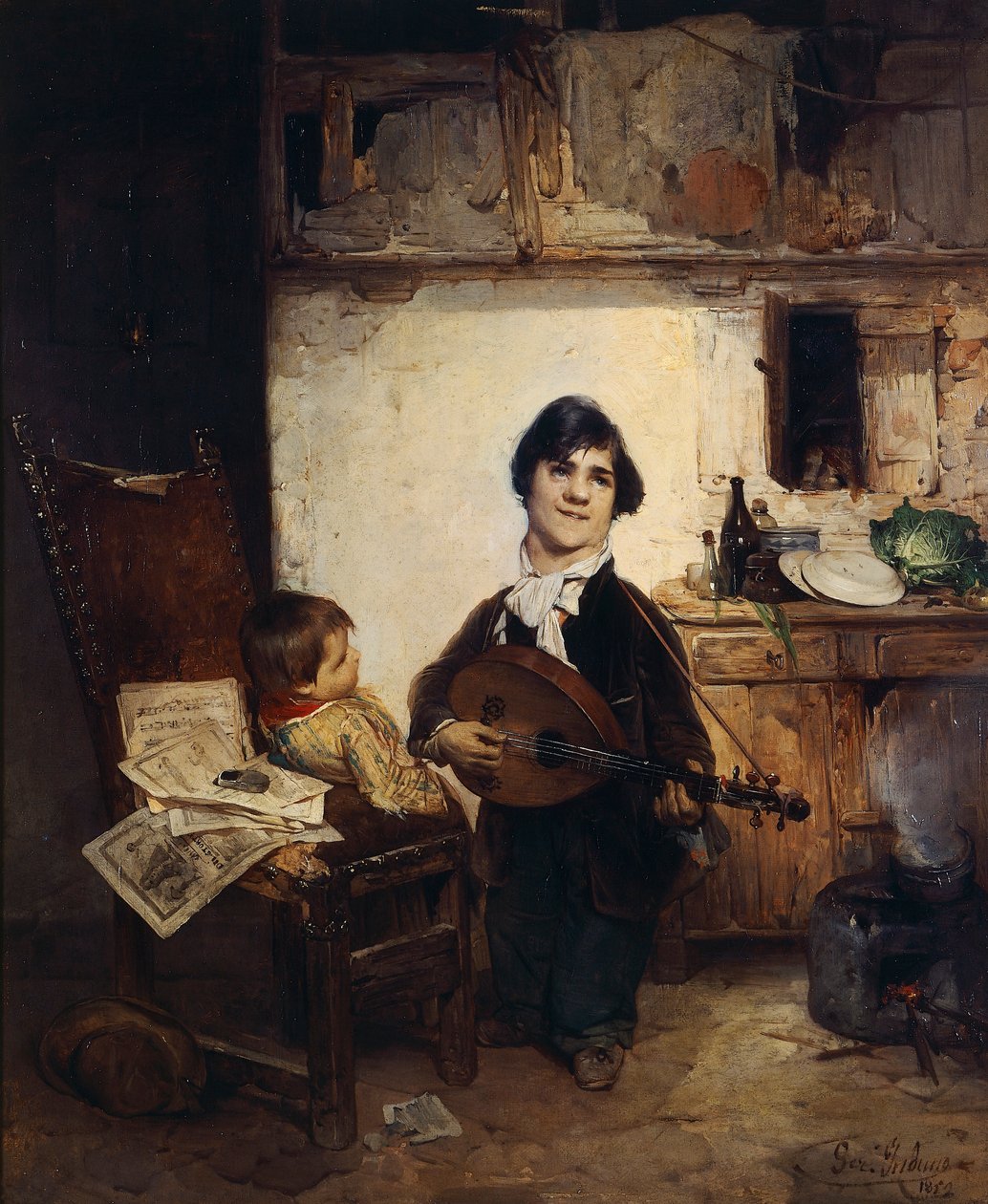 Cripple Playing the Mandolin eller The Storyteller, av Gerolamo Induno av Gerolamo Induno