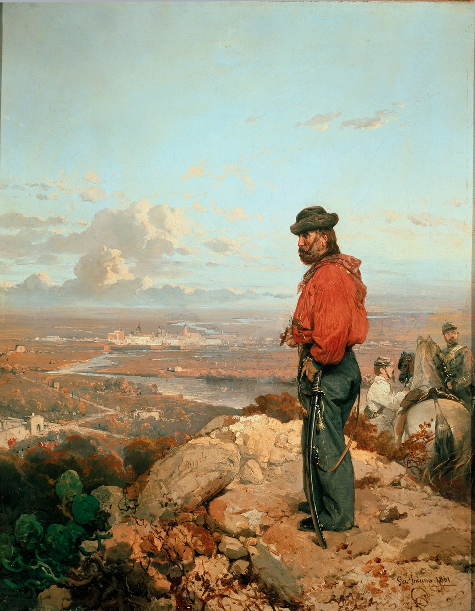 Italiensk enhet: "" Porträtt av Giuseppe Garibaldi (1807-1882) framför Capua (Capua) 1860 "" Målning av Gerolamo (Girolamo) Induno (1825-1890) 1861 Museo del Risorgimento, Milano av Gerolamo Induno