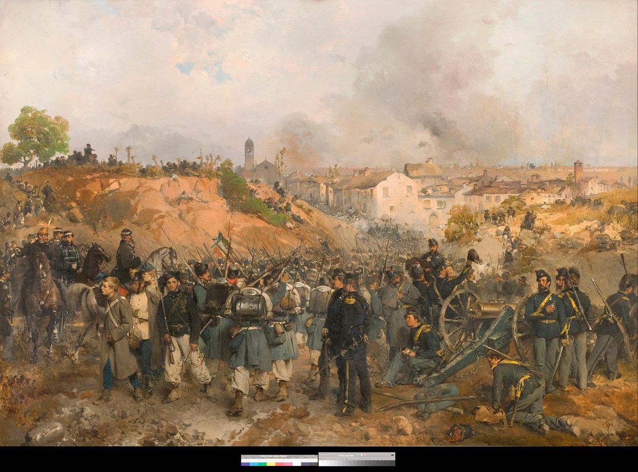 Risorgimento, andra italienska självständighetskriget: Slaget vid Palestro den 30 maj 1859 mellan det österrikiska kejsardömet och de förenade styrkorna från kungariket Sardinien-Piemont och Frankrike Målning av Gerolamo Induno (1825-1890) 1860 Privat saml av Gerolamo Induno