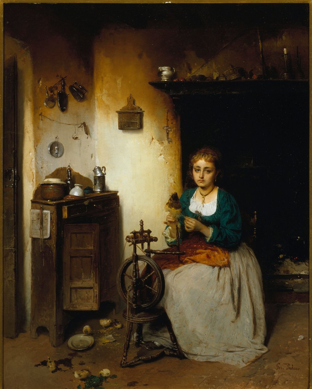 Ung kvinna som spinner ull, hennes uttryck är sorgligt och hennes inre bedrövligt. Målning av Gerolamo (Girolamo) Induno (1825-1890) Dim. 65x52 cm Genes Nervi, Galleria d
