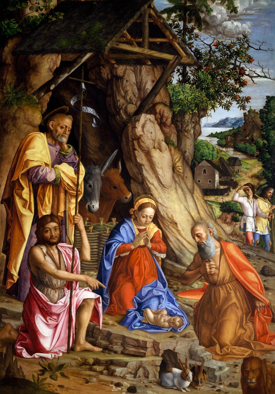 Nativity med kaniner, ca 1500 (olja på duk) av Gerolamo dai Libri